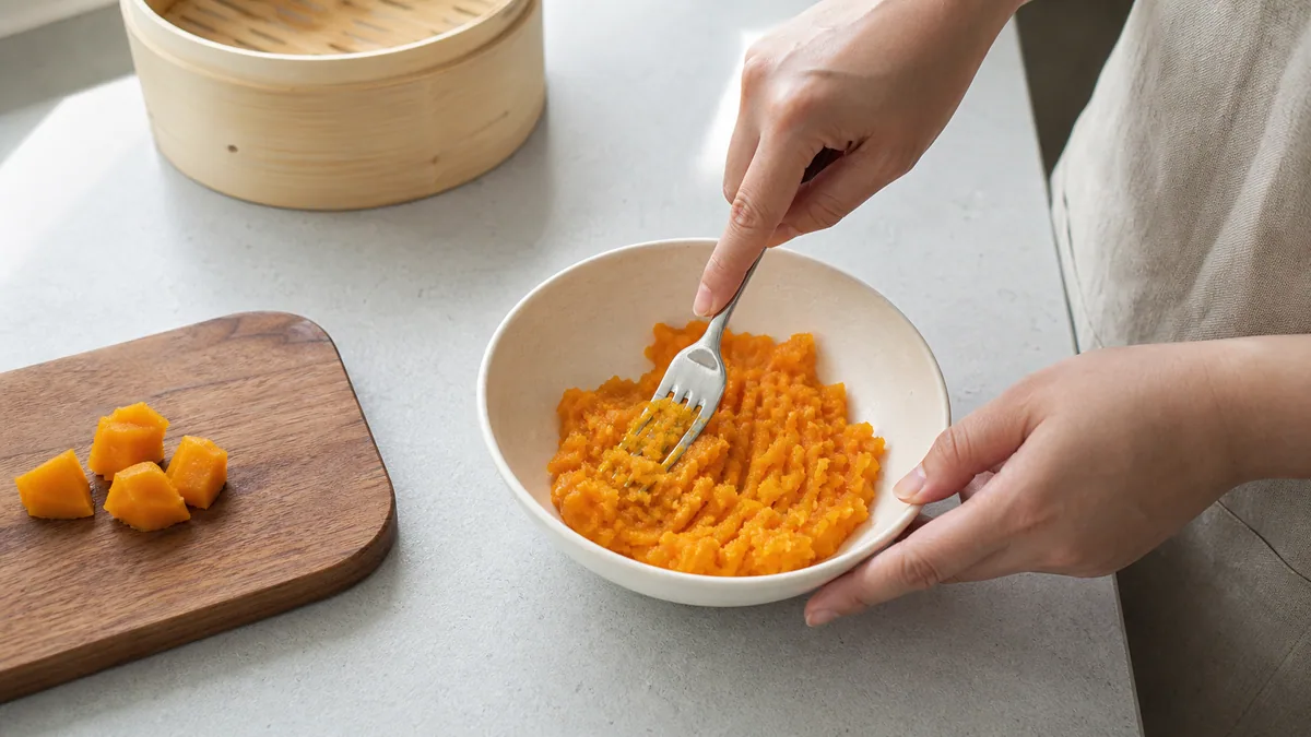씨와 껍질을 완전히 제거한 찐 단호박 과육을 으깨고 작은 조각으로 준비한 모습