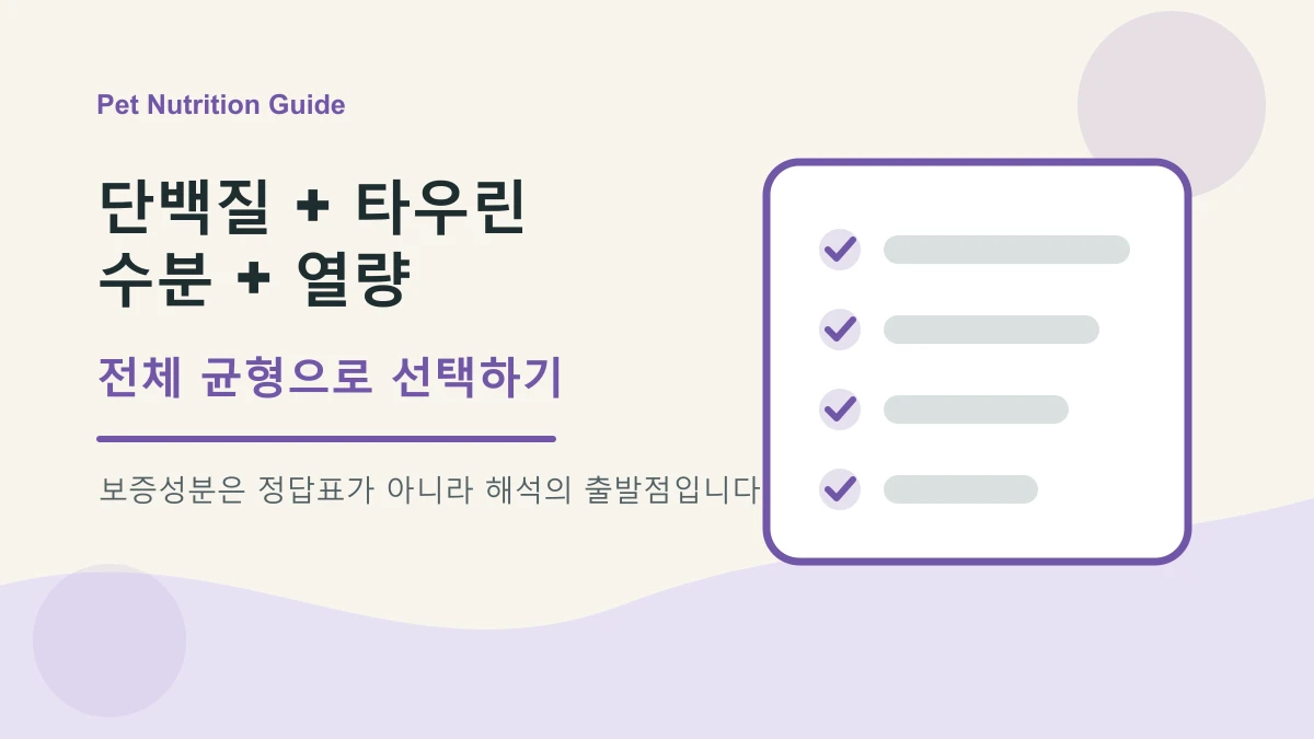 고양이 사료 변경 전 조단백질, 타우린, 수분, 열량을 함께 확인하는 체크리스트 이미지