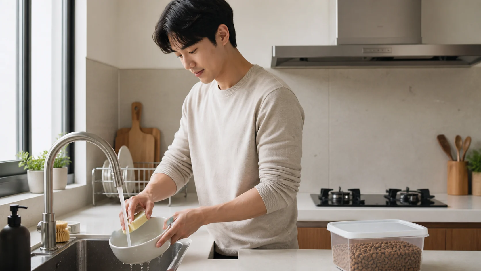 식사 뒤 빈 사료 그릇을 세척하고 다음 한 끼 분량은 따로 준비하는 보호자