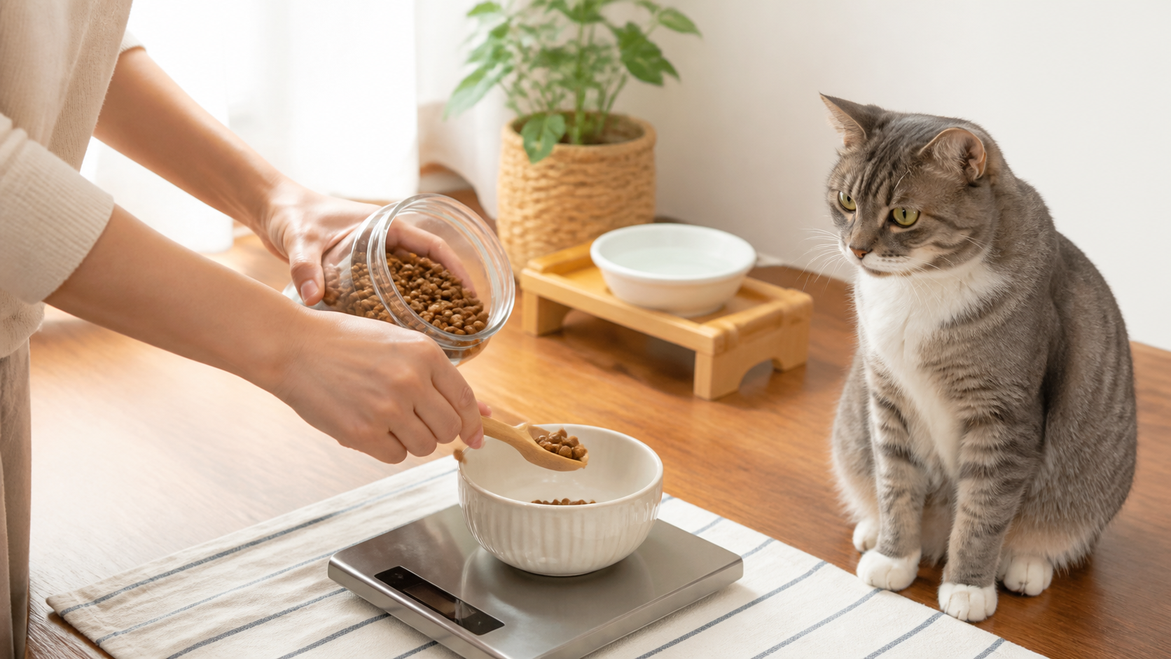 전자저울로 고양이 한 마리의 사료를 정량하는 보호자